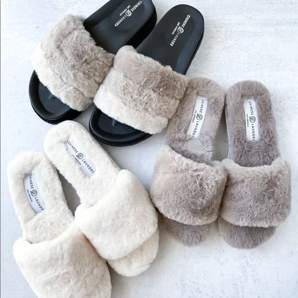 Fur Slides Chinese Laundry Fur Slippers Beige Fur Slides Chinese